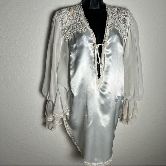 Coquette Victorian Satin Dress Lace Sheer Ruffles Fairy White Tunic Mini Dress - Picture 1 of 9